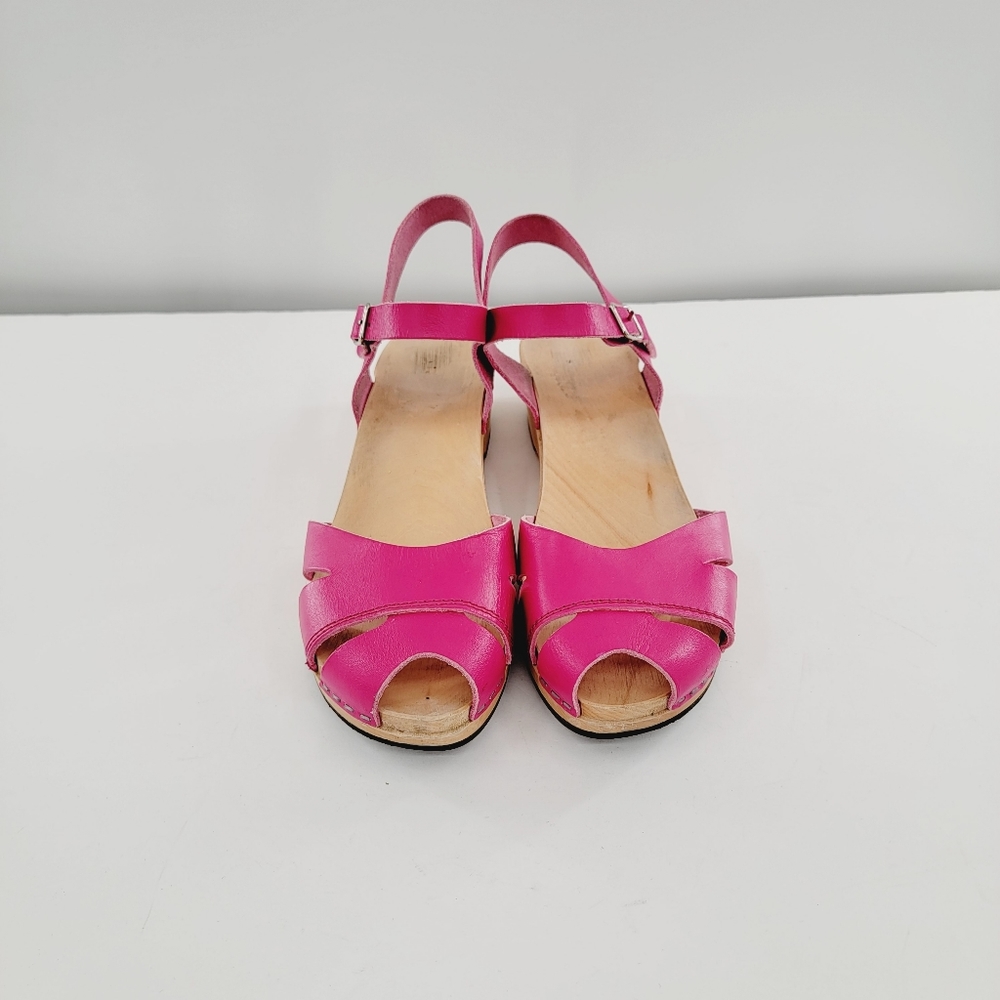 Swedish Hasbeens Suzanne Hot Pink Peep Toe Sandal Clogs - Picture 6 of 16